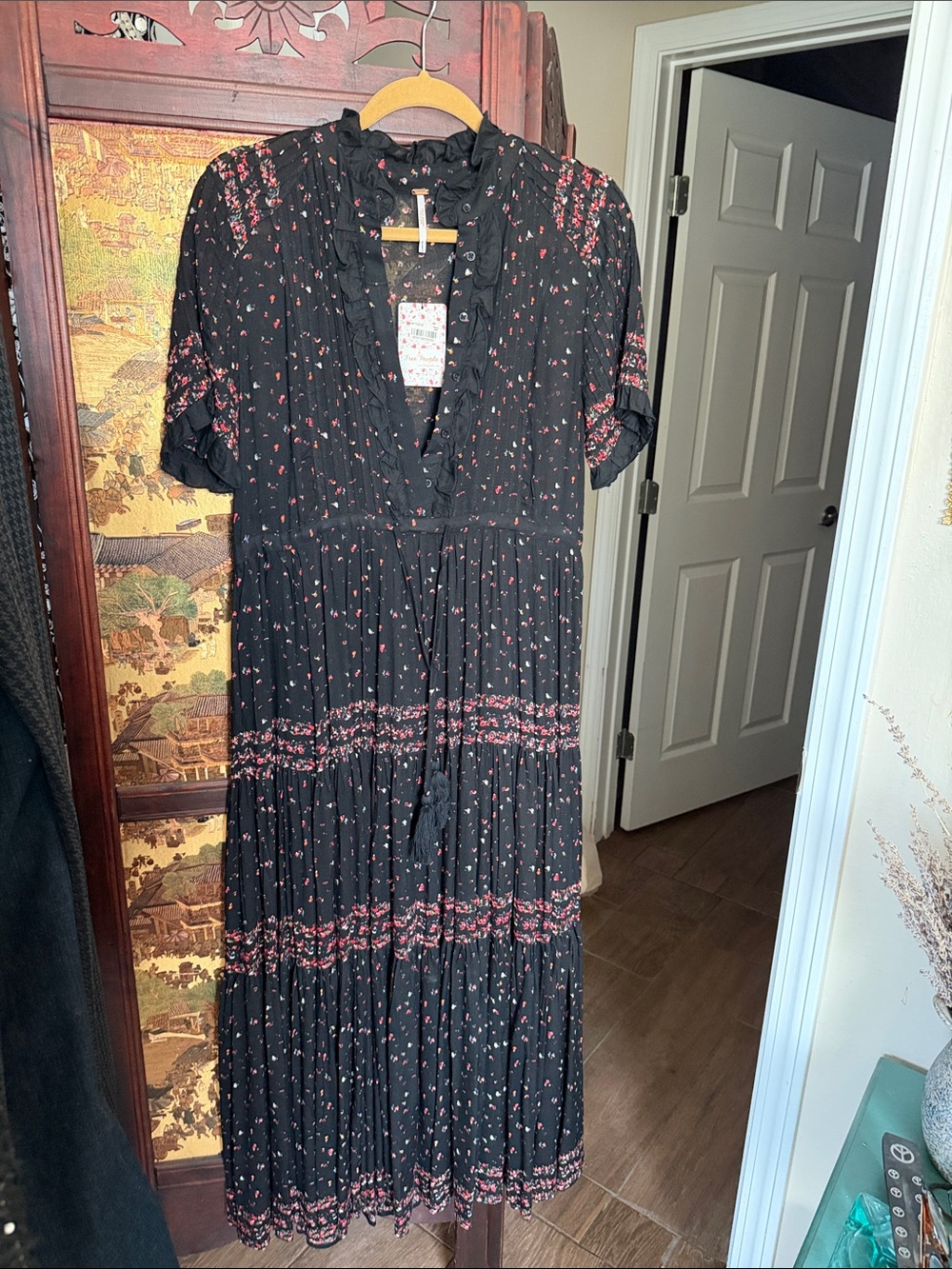 Free People Black Maxi Dress with Pink Floral Print